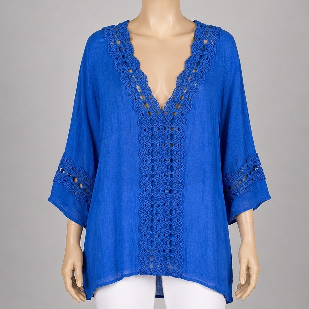 La Blanca Womens Swim Cover Up‎ Royal Blue Crochet Lace Trim Boho Large